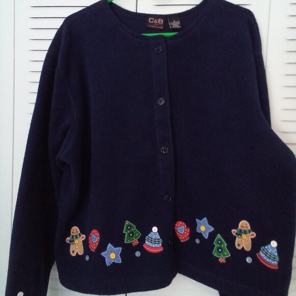 VTG C&B SPORT XL FLEECE BUTTON-UP NAVY CHRISTMAS TREES STARS GINGERBREAD TEACHER - Picture 3 of 9